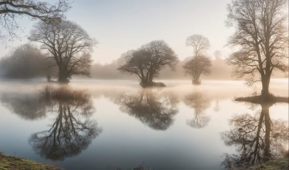 A peaceful lake with several trees lining the edge of the water. The fog creates a magical, ethereal atmosphere, adding to the beauty of the scene. The reflection of the trees on the water is a perfect mirror image, creating a sense of symmetry and balance.