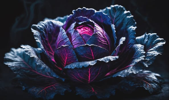 A close-up photograph of a red cabbage with a dark background, showcasing its vibrant red and blue hues and its ruffled leaves. The cabbage is lit from the side, highlighting the texture of the leaves.