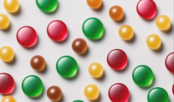 A top-down view of colorful round candies on a white background. The candies are green, red, yellow, and orange. They are arranged in a pattern of rows and columns.