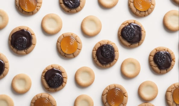 A variety of cookies with different fillings are arranged on a white surface, including cookies filled with chocolate, caramel, and jelly. They are scattered across the surface in a pattern.