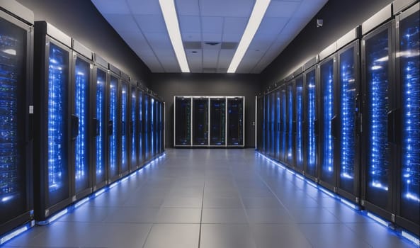 The image shows a long hallway lined with server racks. The racks are lit by blue lights, which illuminate the floor. The hallway has a concrete floor and a black ceiling with fluorescent lights.