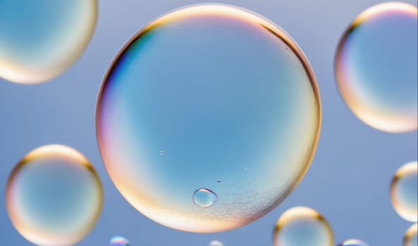 The image shows several round, transparent bubbles floating in a blue liquid. The bubbles are iridescent, with a rainbow of colors shimmering on their surface.