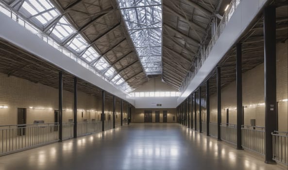 A long, empty hallway inside a building with a glass roof. The hallway is lined with white brick walls and has a metal railing along one side. The roof is made of glass panels, allowing natural light to filter through. The floor is polished concrete.