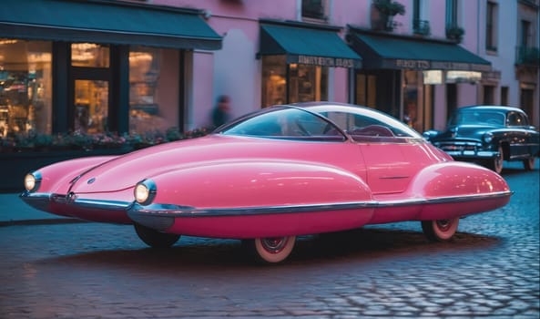 A pink car with a unique design, possibly a concept car, drives down a street lined with shops. The car is brightly lit by street lights and the pavement is a cobblestone pattern.