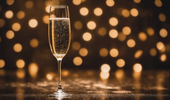 A tall glass filled with sparkling champagne sits on a shiny table surface. Behind the glass, a blurry background of warm, golden lights adds a festive ambiance.