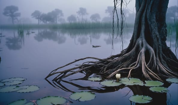 The roots of a tree, which is standing on the shore of a lake, stretch out over the water. The lake is covered in fog and several lily pads are floating on the surface.