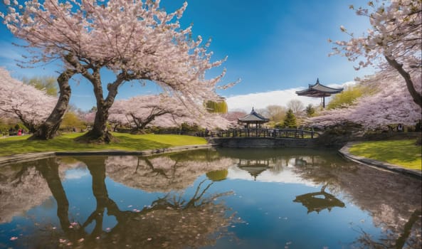 A beautiful pond surrounded by cherry blossom trees reflects the blue sky and a wooden bridge leading to a gazebo. The trees are in full bloom, creating a picturesque scene. The water is still, reflecting the beauty of the surrounding nature.