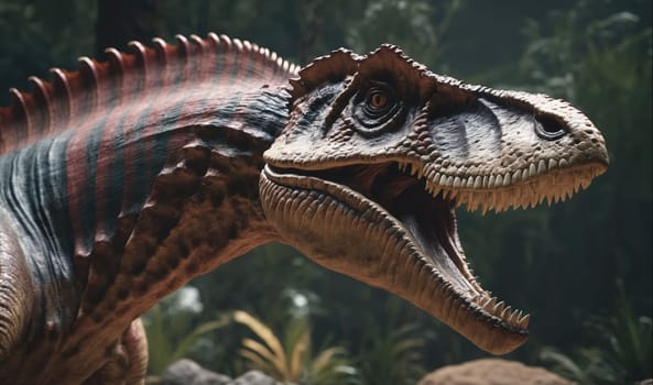 The image shows a close-up view of a dinosaur's head. The dinosaur has its mouth open and its teeth are visible. The dinosaur is in a jungle setting, with green plants in the background.