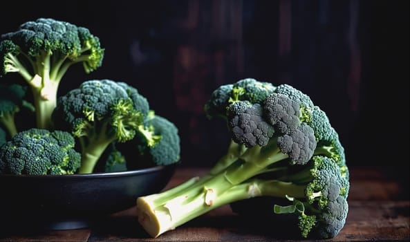 A bowl of broccoli florets sits on a wooden surface next to two additional florets. The florets are green and are arranged in a way that shows their stems and florets.