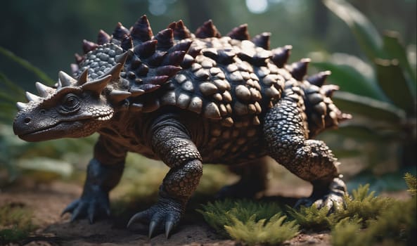 A close-up image of a spiky, armored dinosaur walking through a leafy forest. The dinosaur is grey and brown and has large claws on its feet. The forest is green and lush, with many leaves and branches.