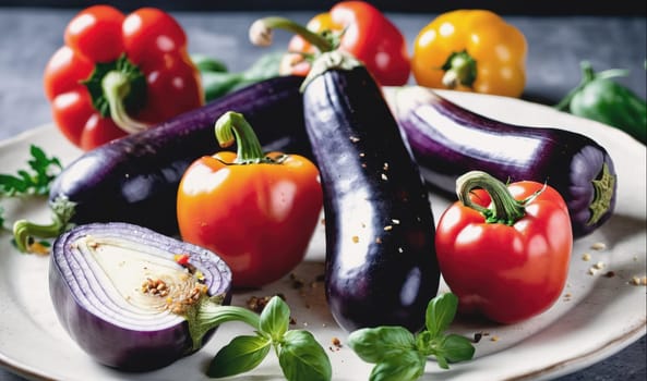 A plate of fresh produce including eggplants, red bell peppers, and an onion, arranged on a white plate with green basil leaves and spices.
