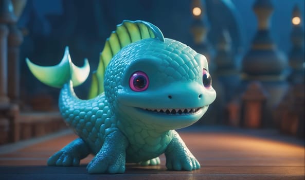A small, green, lizard-like creature with a fin on its back sits on a wooden surface in a dimly lit, fantastical environment. The creature has large, pink eyes, sharp teeth, and a green tail. The creature is looking to the right, as if it is about to move forward. The background is blurred, and there are several glowing lights that suggest the creature is in a city.
