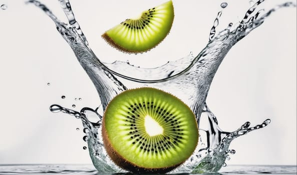 A fresh kiwi fruit slice falls into a pool of clear water, creating a dramatic splash. The water erupts in a spray of droplets, outlining the shape of the kiwi as it sinks below the surface. Another slice of kiwi is suspended in the air, creating a dynamic visual.