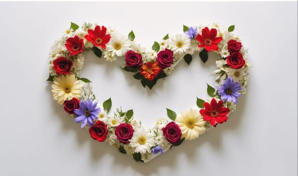 A heart-shaped arrangement of flowers, composed of red roses, white daisies, purple and blue flowers, and green leaves, is positioned on a white background.