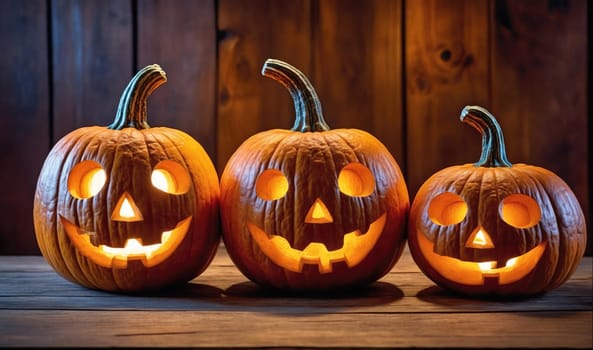 Three carved pumpkins with lit candles inside sit on a wooden table. The pumpkins are arranged in a row, with the largest in the middle and the smallest on the right. They are all carved with smiling faces and have candles lit inside, which glow warmly in the darkness. The wood grain of the table is visible in the background, adding a rustic touch to the image.