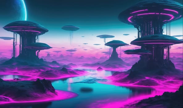 The image depicts a futuristic landscape with numerous towering structures. The structures have a distinct mushroom-like shape with multiple circular platforms on top. The platforms are illuminated with bright pink lights. The sky is a blend of pink and blue hues. There is a bright blue planet in the upper left corner of the image. The structures are surrounded by a river that winds through the landscape.