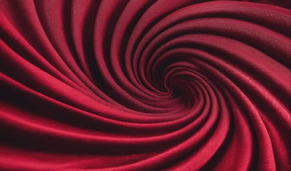 The image shows a close-up of a piece of burgundy fabric. The fabric is folded into a tight spiral shape, creating a visually interesting pattern. The fabric is smooth and has a slightly glossy texture. The lighting is soft and evenly distributed, highlighting the fabric's curves and folds.