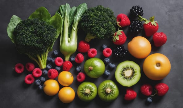 A collection of colorful fruits and vegetables, including broccoli, bok choy, strawberries, raspberries, blueberries, kiwi, and oranges, are displayed on a black background.