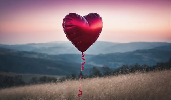 A heart-shaped balloon with a red ribbon floats in the air over a field of grass against a background of mountains. The sky is a pink and purple color, indicating that the sun is setting.