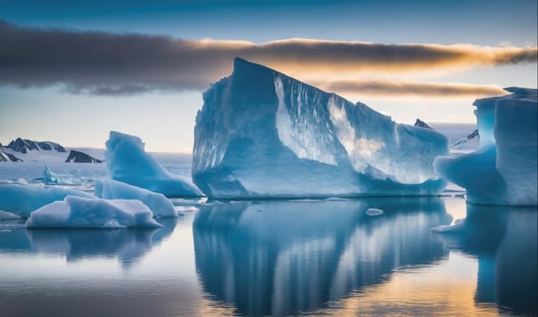 The image shows a massive iceberg floating in the calm, blue waters of the Antarctic. The iceberg is illuminated by the golden light of the setting sun, casting a warm glow on the ice. The reflection of the iceberg in the water creates a stunning mirror image, adding depth and beauty to the scene.