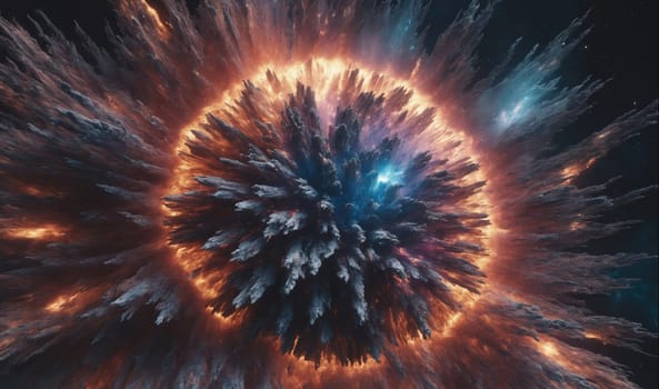 A cosmic nebula with a central ring of orange and blue light, surrounded by a ring of light orange cloud-like formations and dark blue, gray, and black formations. The background is dark blue and black with subtle hints of light gray.