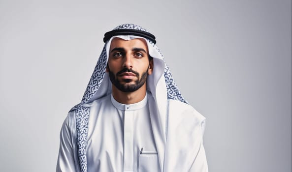 The image shows a man wearing a white robe and a black and white patterned headscarf. He is looking directly at the camera. His expression is serious, and he has a beard. The background is a plain white wall.
