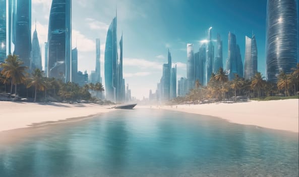 The image shows a city skyline with tall buildings in the background, palm trees in the foreground, and a small boat on calm water. The sand beach is in the foreground. The sky is blue and there are some clouds.