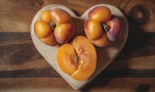 Three peaches are arranged on a heart-shaped cutting board made of light-colored wood. The peaches are a vibrant orange-yellow color, and one of the peaches is cut in half, revealing the peach's inside. The peaches are surrounded by a brown wooden surface.