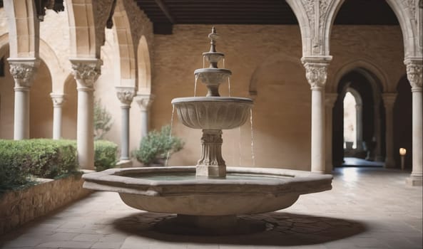 A stone fountain stands in the center of a courtyard with arches. It has three tiers and is made of intricately carved stone. The water flows from the top tier down to the bottom, creating a gentle cascade. The courtyard is surrounded by arches, which are supported by pillars. The arches lead to other areas of the courtyard, and sunlight streams through the arches, illuminating the scene. Lush greenery lines the edge of the courtyard, providing a touch of color to the scene.