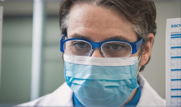 A doctor wearing protective gear is looking at a chart while working. The doctor is wearing a face mask, glasses, and a white coat. They appear to be in a hospital or medical setting.