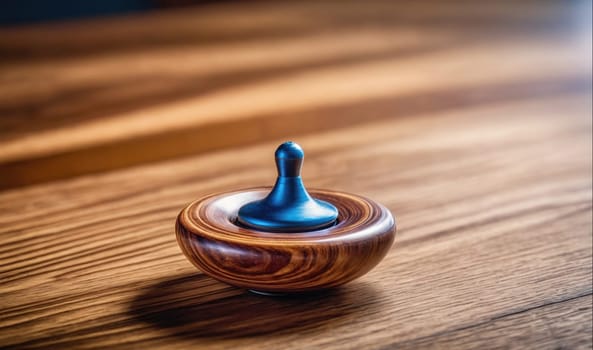 A blue spinning top made of metal sits atop a wooden base. The spinning top is in the foreground of the image, with the wooden surface extending out of focus behind it. The top has a rounded, smooth surface.