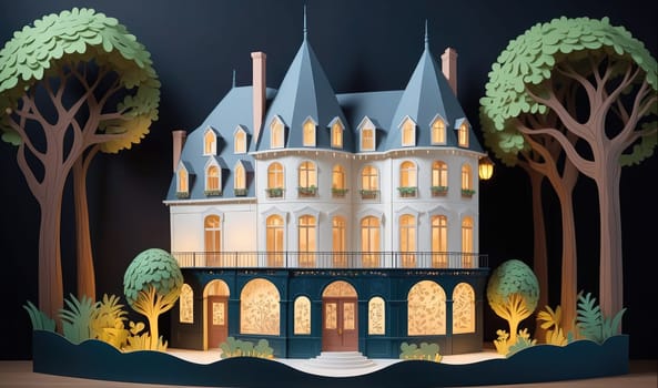 A detailed papercraft model of a French manor house with two towers on the roof, a large balcony, and a set of decorative double doors stands in front of a dark blue background. The house is lit from within, and there are trees on both sides of the building.