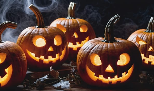 A group of carved pumpkins with lit candles inside are arranged on a wooden surface. Smoke curls around them, creating a spooky atmosphere.