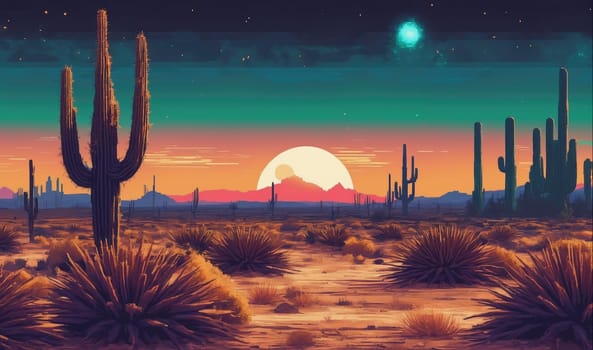 A desert scene with a large cactus in the foreground, multiple smaller cacti in the background, a setting sun, and a dark, starry sky. The ground is a sandy brown, with some green shrubs visible. The image is likely digital art, as the colors are vibrant and the scene is somewhat stylized.