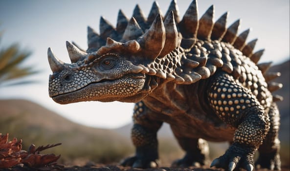 A large, brown dinosaur with a single horn, spiky back, and dotted scales stands on a rocky surface in a prehistoric environment. The dinosaur has a long, narrow snout and large, reptilian eyes. The background features a blurred, desert-like landscape with a single blurry palm tree.