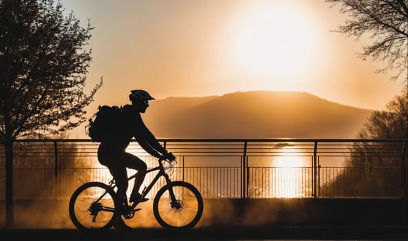 A person rides a bike on a paved path with a metal fence. The sun sets in the background, casting a golden glow on the scene. The silhouette of the cyclist and their bike are clear against the light. A mountain range can be seen in the distance. Trees line the path.