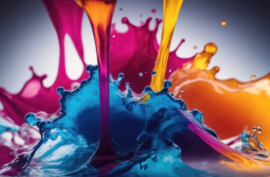 The image shows a close-up of three streams of colorful liquid splashing into each other. The liquid appears to be some type of paint. The colors of the liquid are magenta, blue, and yellow. The liquids are splashing into each other, creating a variety of shapes and textures. The image has a vibrant and energetic feel.