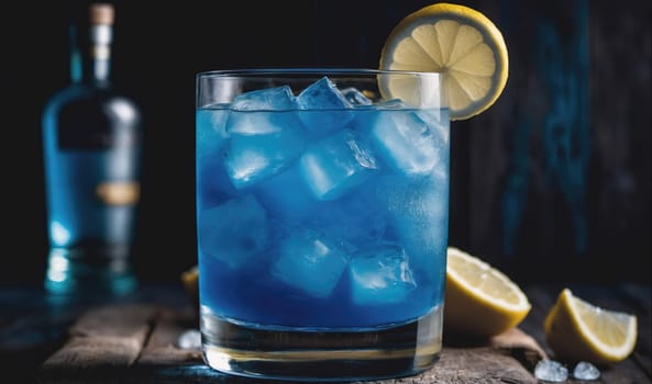 A tall glass filled with a bright blue liquid is resting on a wooden surface. The glass is filled with ice and a lemon wedge sits on the rim. A second lemon sits on the surface behind the glass.