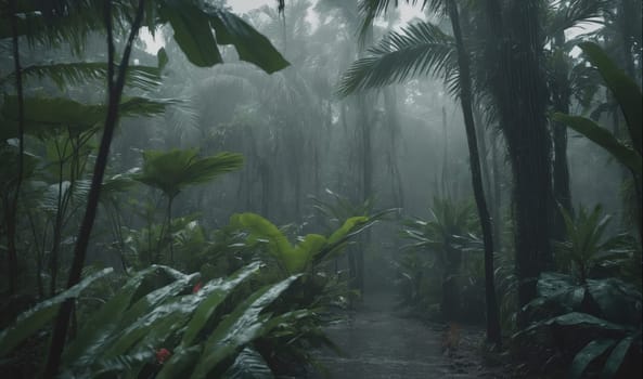 A dense jungle with tall trees and thick foliage is shrouded in a misty rain. The light shines through the canopy, illuminating the path ahead. The air is humid and the ground is damp, creating a sense of serenity and isolation.