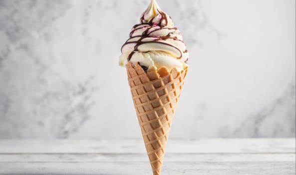 A single waffle cone filled with soft serve vanilla ice cream topped with chocolate sauce sits on a white surface. The background features a white marble texture.