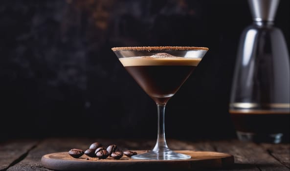 A martini glass filled with coffee liqueur is on a wooden table. Coffee beans are scattered on the wooden surface in front of the glass. The glass is rimmed with a brown substance and there is a small amount of foam on top of the coffee liqueur.