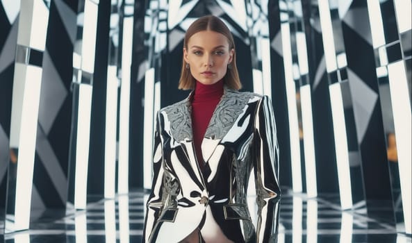 A woman is walking down a hallway with reflective walls. The woman is wearing a silver jacket with an intricate design on the collar and cuffs. She is also wearing a red sweater underneath. The walls of the hallway are made of reflective panels that create a maze-like effect.