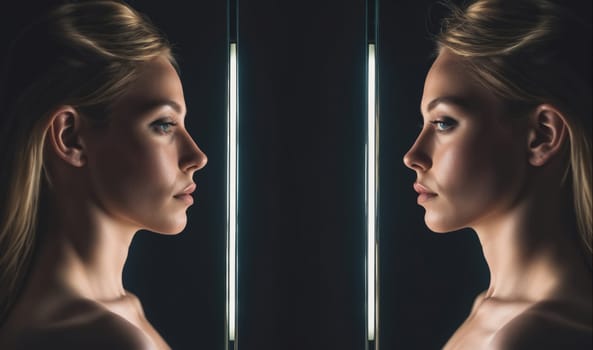 A woman with long blonde hair stands in front of a mirror, her face illuminated by a thin strip of light, and her reflection gazing back at her. She is looking directly at the mirror, and her expression is both thoughtful and intense.