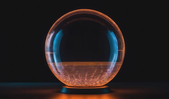 A glass sphere with a thin, dark base rests on a dark surface. The sphere is illuminated from within, casting a warm, orange light that is brightest at the base and fades into a blue hue towards the top. The sphere appears to be filled with thin, horizontal lines of light that are most distinct near the base.