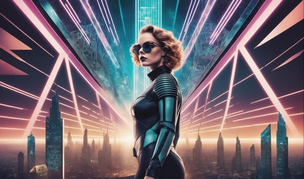 The image depicts a woman in a futuristic setting. She is wearing black sunglasses and a dark jumpsuit, and she stands in the middle of a street with bright neon lights. The woman is looking toward the horizon, which is filled with tall buildings. The scene is set in a futuristic city with sleek architecture and advanced technology.