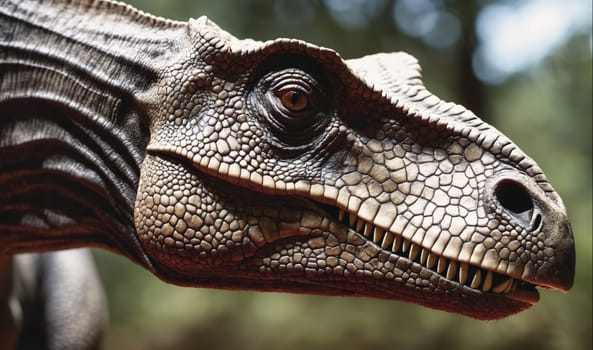 The image shows the close-up of a dinosaur's head. The dinosaur's skin is gray with a slight green tint. The dinosaur's teeth are visible and its eye is open. The background is a blur of green and brown, suggesting the dinosaur is in a museum exhibit.