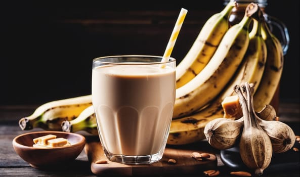 A glass of banana milk is shown on a wooden surface. The glass has a straw sticking out of it, and the milk is a creamy brown color. There are several ripe bananas in the background, and there is a piece of caramel candy on the wooden surface.