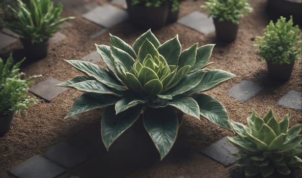 A large plant with light green leaves and white edges, potted and sitting on a bed of brown gravel. The plant has a rosette shape, with many leaves radiating from a central point. The leaves are smooth and glossy, and they have a slight sheen to them. The gravel is a light brown color, and it has a rough texture. The plant is in focus, while the background is slightly blurred.