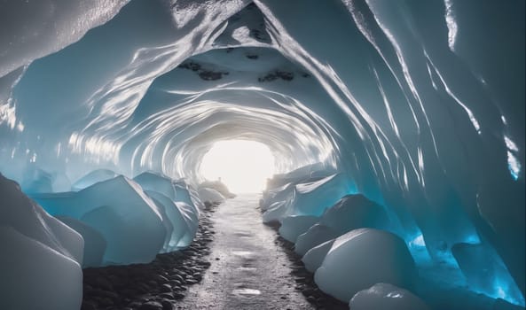The image shows a narrow tunnel formed by ice with a long, winding path stretching towards the light at the end. The walls are covered in intricate ice formations, creating an abstract and mesmerizing scene.