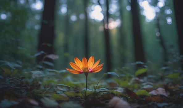 A lone orange flower grows in the middle of a dark forest. The flower is in focus, while the trees and foliage in the background are blurred. Light shines through the trees, creating a soft glow around the flower.
